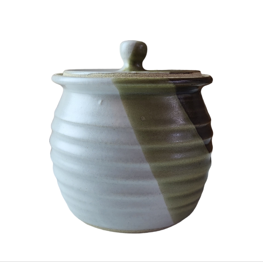 4.5 Inch Pottery Lidded Jar, Green and White, Sugar Container